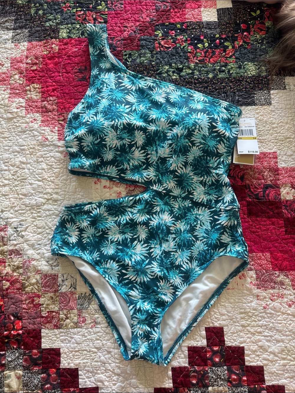One-Shoulder Teal Tropical Cutout Swimsuit
